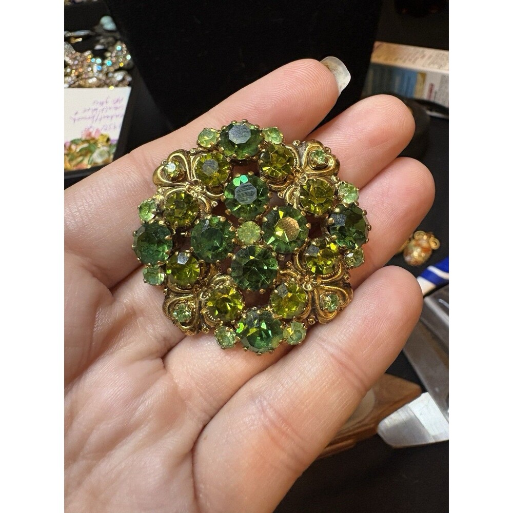 Vintage Austria Green Rhinestone Brooch Uranium Glass UV Reactive 1.75”